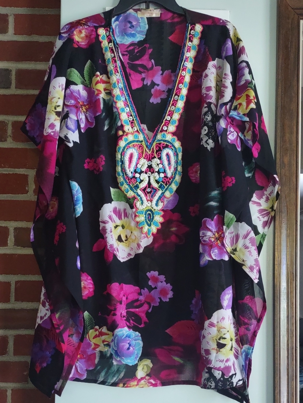 Bohemian Floral Tunic Top With Bead Detailing- Black